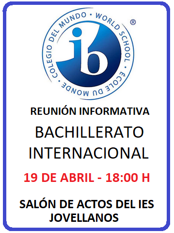 DIA: 19 ABRIL
HORA: 18:00
SALÓN DE ACTOS DEL IES JOVELLANOS
Dirigido a todas las familias con
domicilio en Asturias.



 